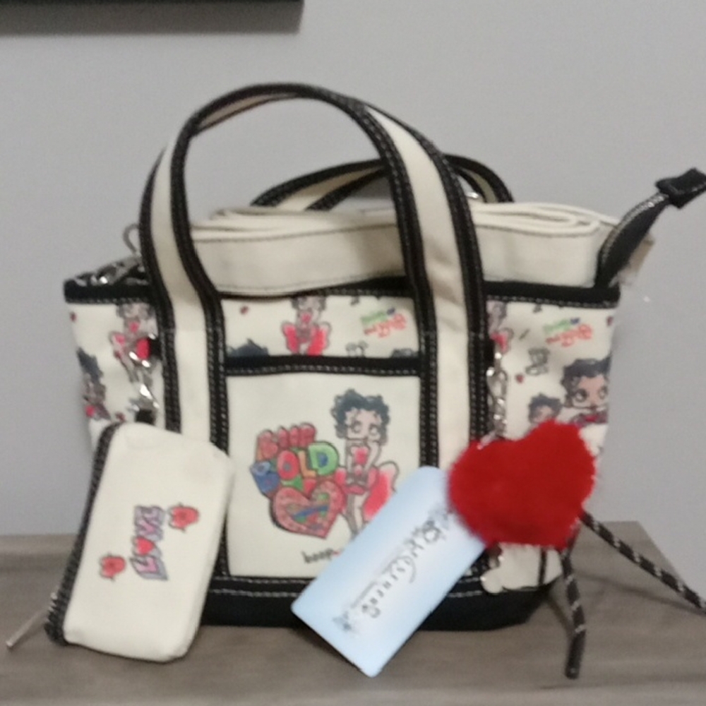 Betty Boop Cream Tote with Black Trim and Red Heart Charm NWT